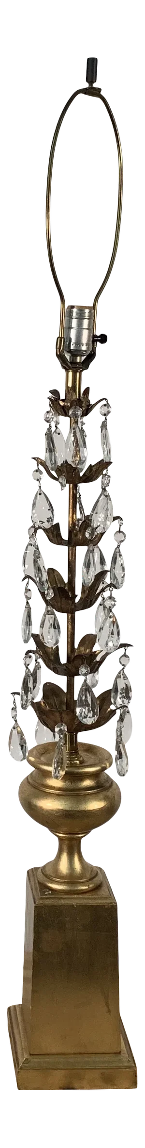 Mid 20th Century Gilded Wrought Iron and Wood Lamp With Crystals