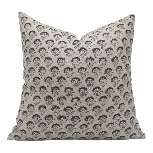 Fabdivine Artisan Block Print Throw Pillow Cover 24x24 Inch Thick Linen-Juju Flower For Sale