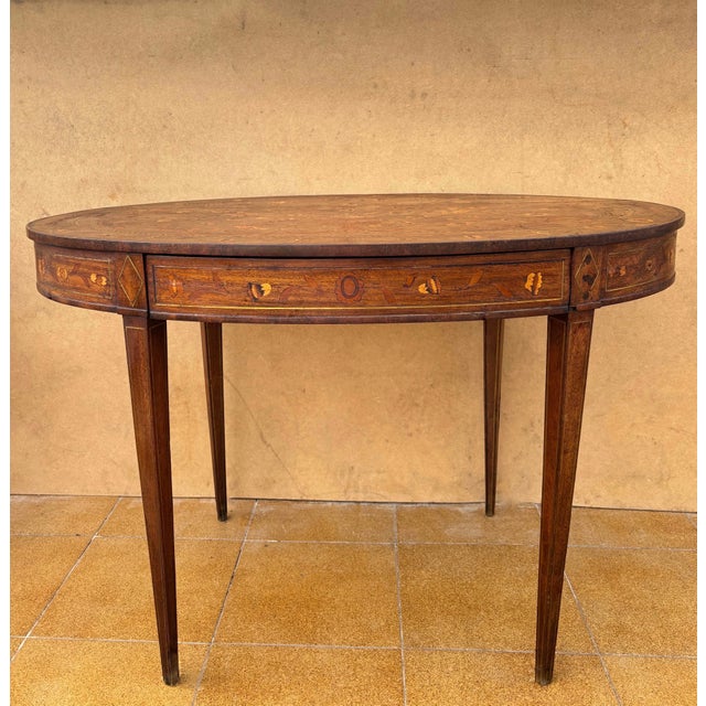 French Oval Marquetry Side Table with Drawer, Early 20th Century For Sale - Image 3 of 10