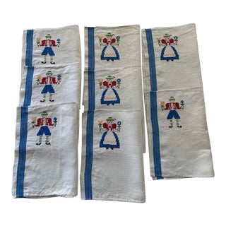 Antique Folk Art Embroidered Napkins Set of 8 For Sale