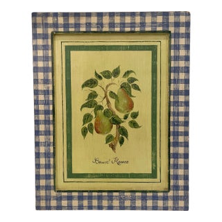 Vintage Painting on Wood of Pears on a Branch With "Beurre' Rennes" and a Blue Gingham Pattern Frame For Sale