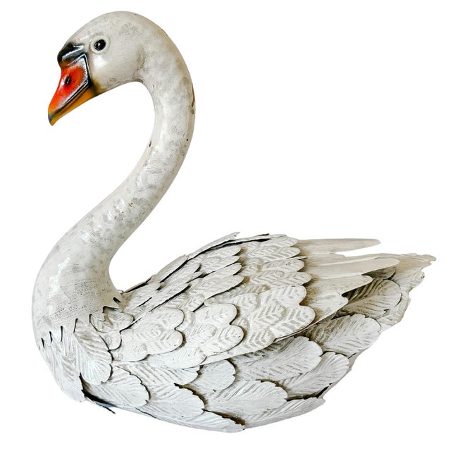 Late 20th Century Shabby Chic White Distressed Sheet Metal Swan Sculptures - A Pair For Sale - Image 4 of 17