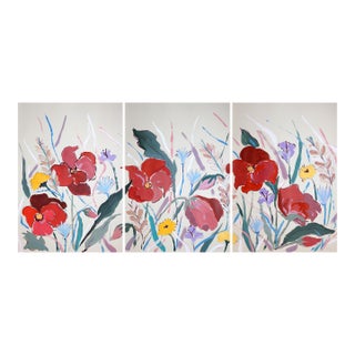2026, Illustration Style Painting Triptych of Poopies and Wildflowers, Acrylic Paint on Watercolor Paper by Romina Milano For Sale