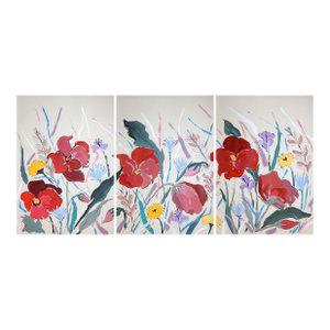 2026, Illustration Style Painting Triptych of Poopies and Wildflowers, Acrylic Paint on Watercolor Paper by Romina Milano