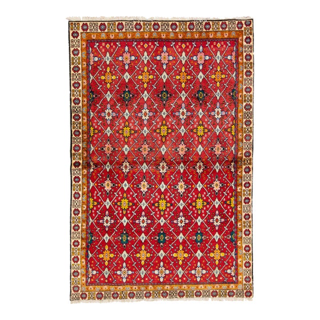 1960s Vintage Shiraz Red Persian Wool Rug With Geometric Floral Design For Sale