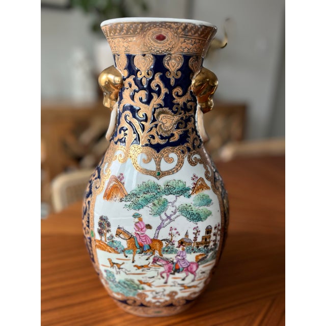 Ceramic Mid 20th Century Chinese Export Vase Hunting Scene Motif With Foo Dog Handles For Sale - Image 7 of 12