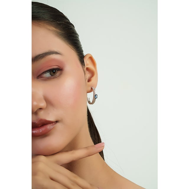Navy Blue 14k Gold 1.23ct Oval Cut Blue Sapphire & Diamond C- Hoop Earrings- A Pair For Sale - Image 8 of 14