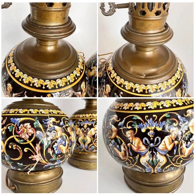 Metal Antique Gien Faience Oil Lamp Bases Converted to Table Lamps, Renaissance Décor on Black - A Pair For Sale - Image 7 of 10