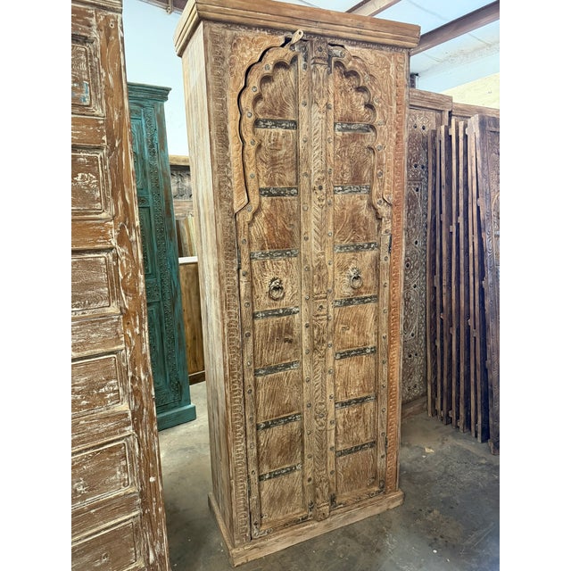 Mid-Century Modern Vintage Arched Door Armoire – Limewashed Farmhouse Cabinet With Rustic European Charm For Sale - Image 3 of 8