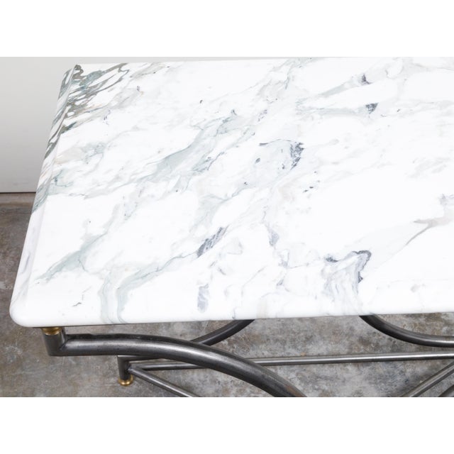 French Midcentury Steel and Bronze Console Table with White Veined Marble Top For Sale In Atlanta - Image 6 of 12