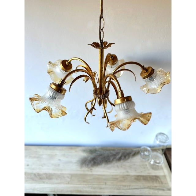 Florentine Style Gilt Metal Chandelier with Amber-Tinted Glass Shades, 1960s For Sale - Image 10 of 13
