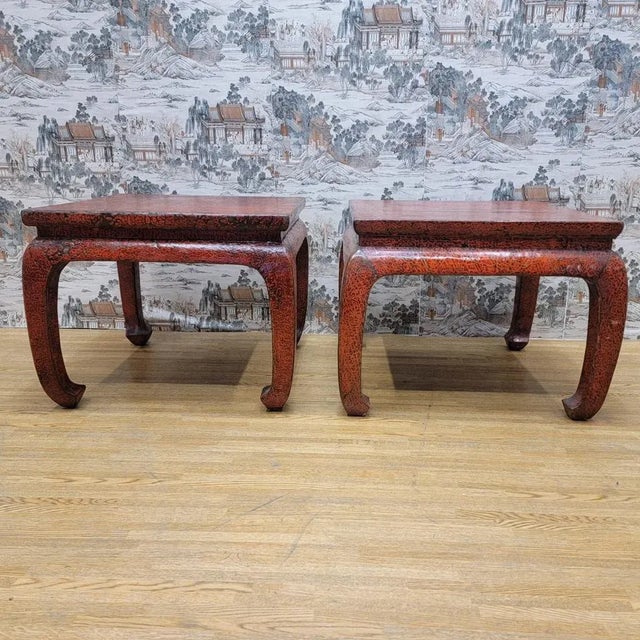 Antique Shanxi Province Red Lacquer Elm Side Tables - Pair These antique Shanxi province elm side tables have been wrapped...