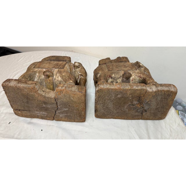Pair of Antique 1700's Hand Carved Wood India Temple Salvage Elephant Sculptures For Sale - Image 17 of 18