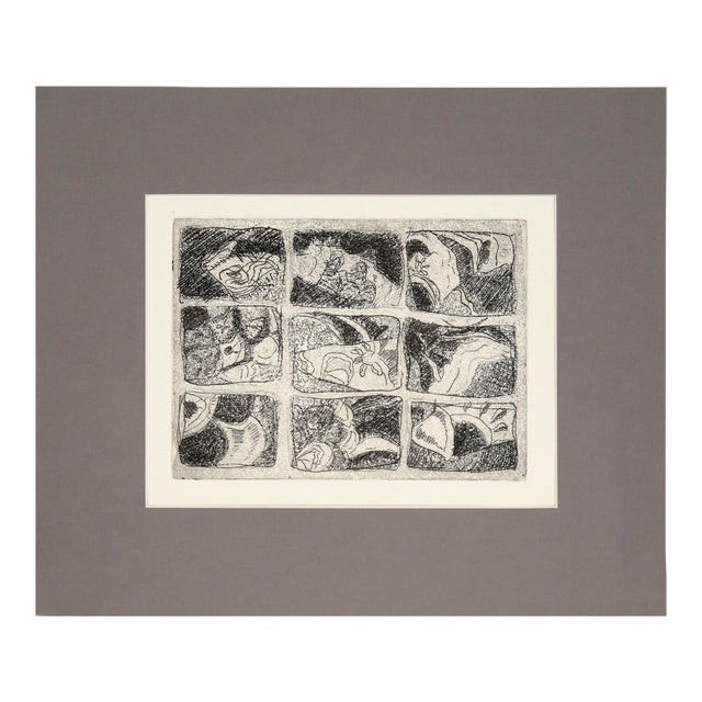 Nine Pane Window - Abstracted Etching in Ink on Paper by Doris Warner For Sale