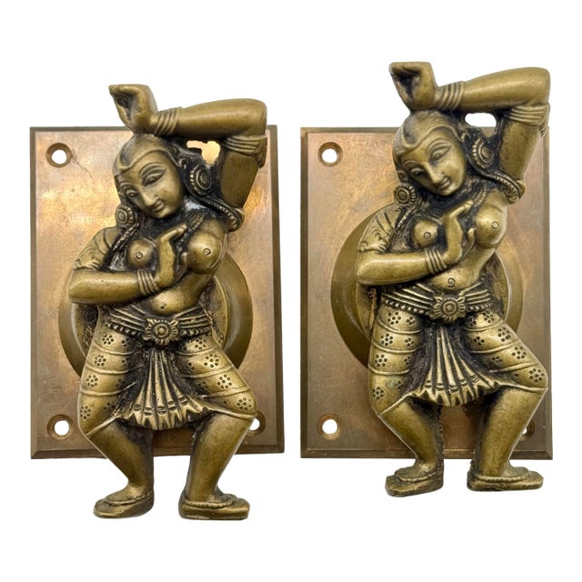 Vintage Indian Brass Dancing Woman Door Handles (Pair) For Sale