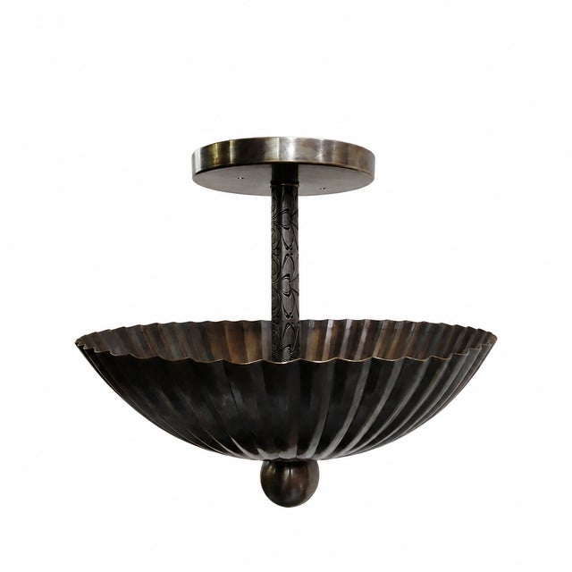 Vintage Brass Shell Pendant Chandelier, Handmade Scalloped Brass Ceiling Light, Mid Century Modern Semi Flush Mount, Art Deco Brass Fixture For Sale - Image 12 of 15