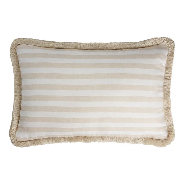 White Beige with Beige Fringes Happy Linen Striped by LO DECOR for Lorenza Briola For Sale