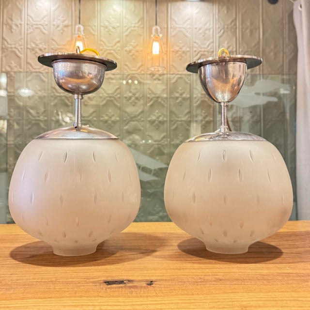 Frosted Glass Globe with Delicate Cut Glass Pattern and aged chrome hardware. Sold individually, qty 2 available with...