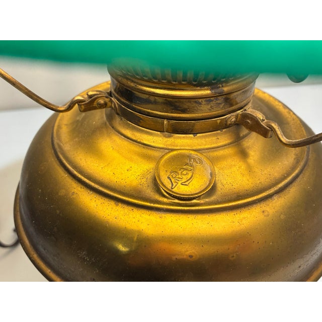 Antique Brass Oil Lamp Rayo Electrified Emerald Green Glass Shade For Sale In Philadelphia - Image 6 of 11