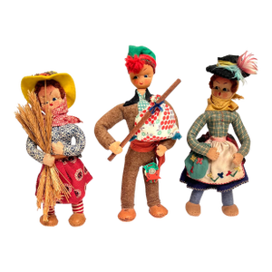 Vintage Hand-Crafted 1950s Mascotes De Maria Helena Felt Folk Doll Trio