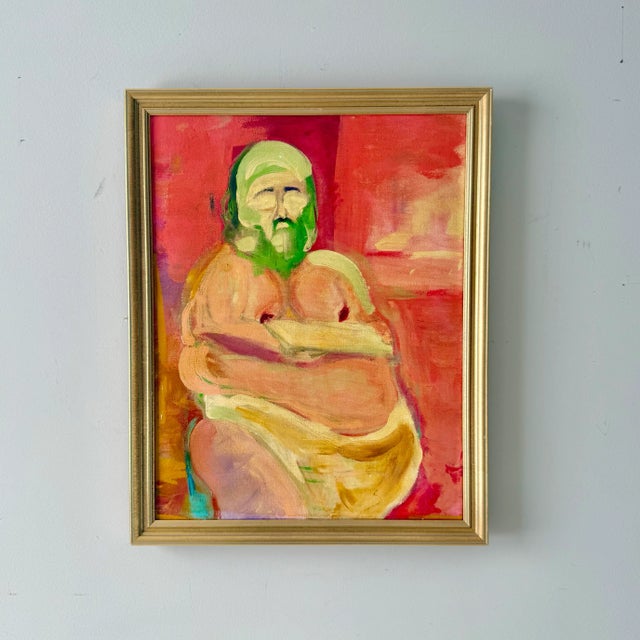 Figurative Late 20th Century Vintage Figural Male Oil Portrait Painting Framed, Studio Ghibli Style For Sale - Image 3 of 6