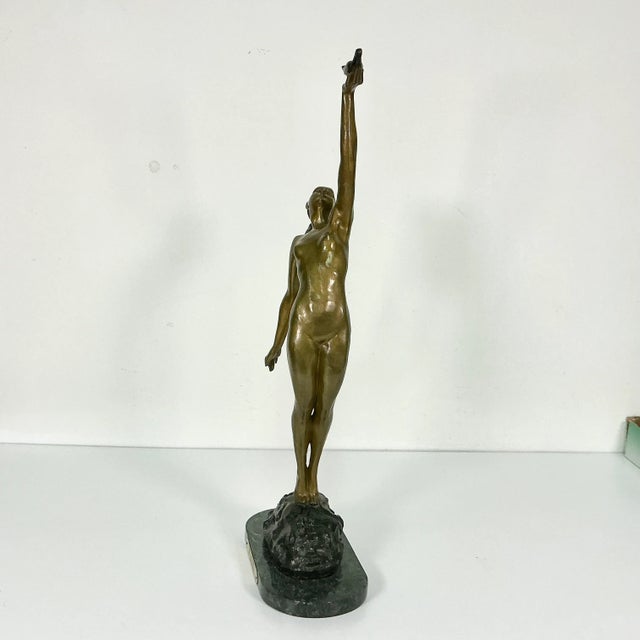 Vintage French Art Deco Pierre Le Faguays Bronze Nude Sculpture, Girl With Dove For Sale - Image 13 of 18