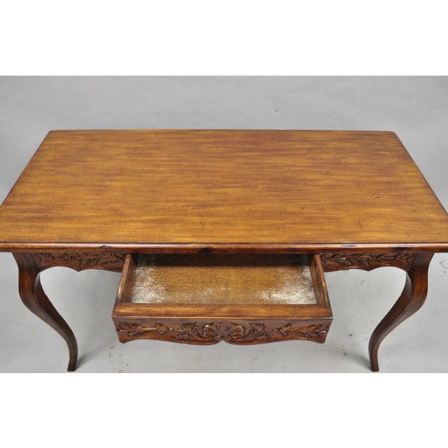 Vintage French Country Pine Wood Distress Floral Carved 1 Drawer Writing Desk For Sale In Philadelphia - Image 6 of 14