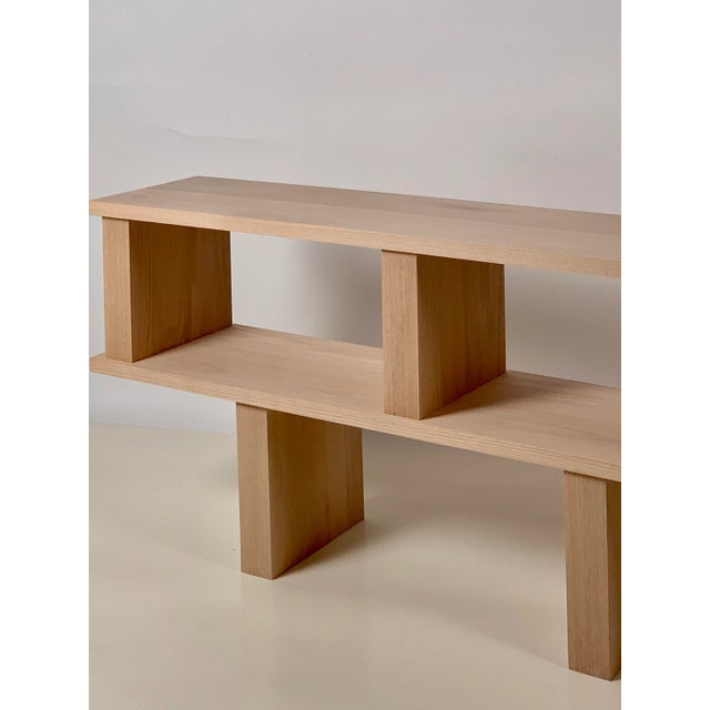 DESIGN FRERES Verticale Two Shelves Polished Oak Shelving Unit For Sale - Image 4 of 9