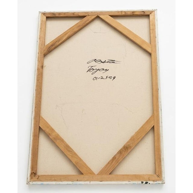 Original signed surreal figural painting on stretched canvas. This striking composition features a hooded, geometric-faced...