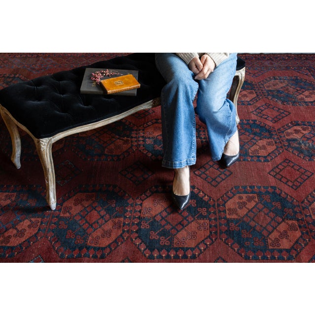 Textile Antique Allover Tribal Geometric Coral Red Navy Blue Hand-Knotted Wool Low Pile Rug - 8’3” X 9’5” For Sale - Image 7 of 12