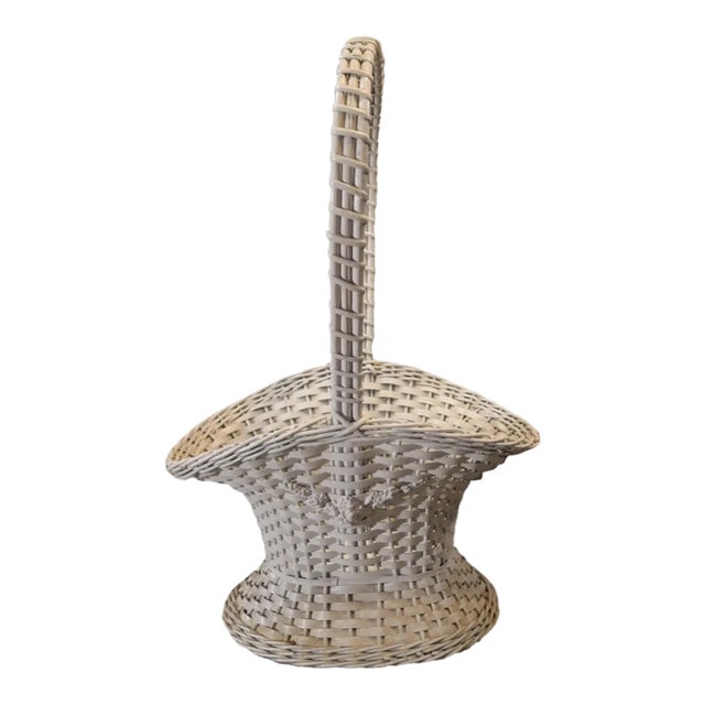Circa 1920 French Country Style Gesso Barbola Rose Motif White Painted Wicker Floral Bouquet Presentation Basket For Sale