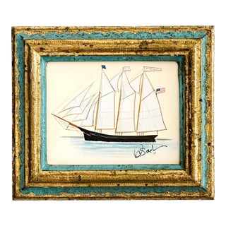 Original Hand-Painted Sailboat Painting in a Vintage Italian Frame For Sale