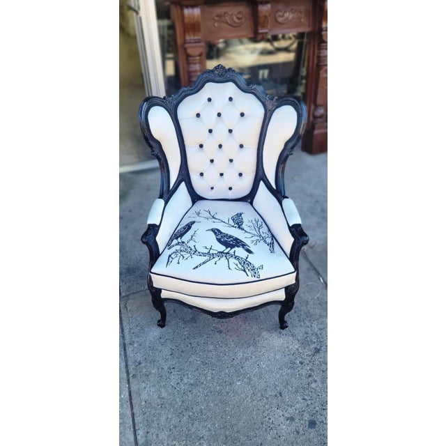 1990s Gothic Raven Crow White Velvet and Embroidery Armchair For Sale - Image 4 of 5