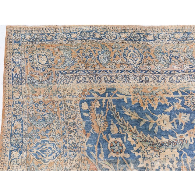 1900 - 1909 Early 20th Century Persian Kirman Indigo, Camel, Beige Handwoven Wool Rug For Sale - Image 5 of 8