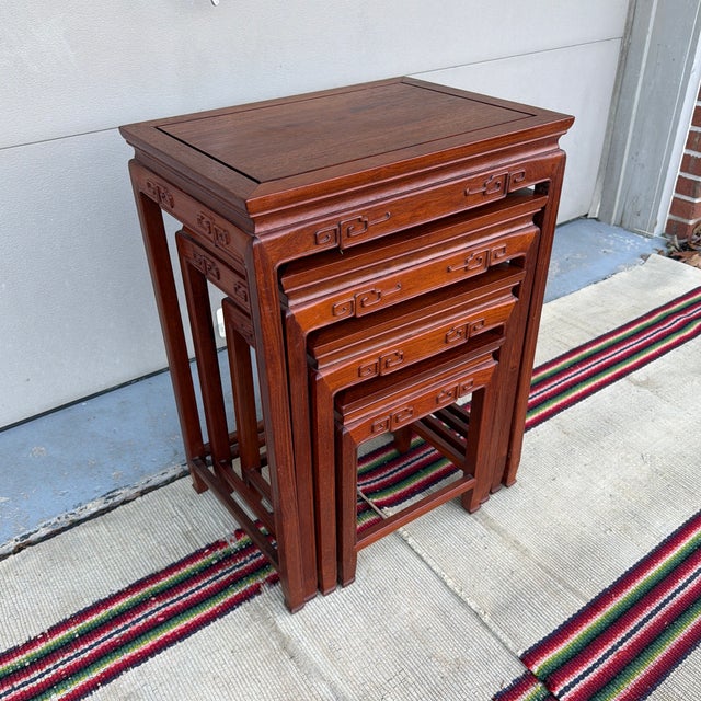 A Very Nice Set of 4 Vintage Chinoiserie Mahogany Nesting Tables, Circa 1960's For Sale - Image 10 of 12