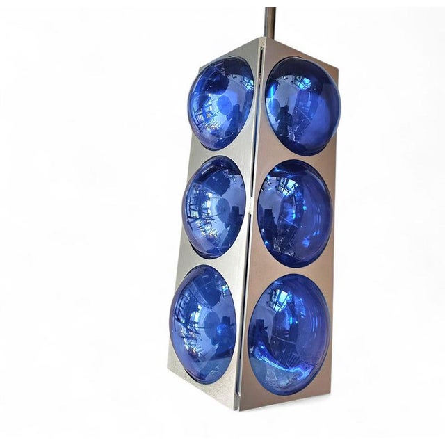 Blue glass / chrome hanging light / 1980s / Temde Swiss Height 35Width 13Depth 13 cm Up to 250V (Europe/UK Standard).The...