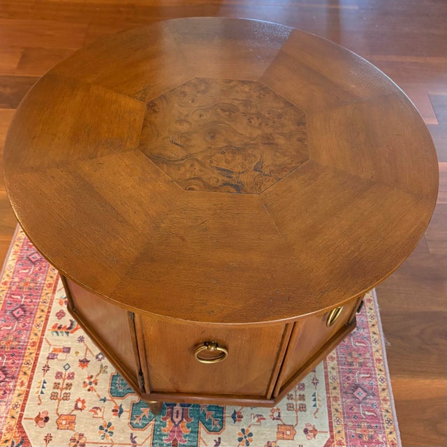 1970s Round Top Hexagon Two Door Cabinet End Table With Brass Ring Pulls and Leg Caps For Sale - Image 9 of 10