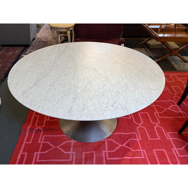 White Restoration Hardware Aero Italian Carrara Marble Pedestal Dining Table For Sale - Image 8 of 12
