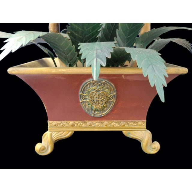 Hollywood Regency Vintage Tole Metal Palm Leaf Faux Bamboo Cache Pot Regency Wicker Shade Table Lamp For Sale - Image 3 of 9