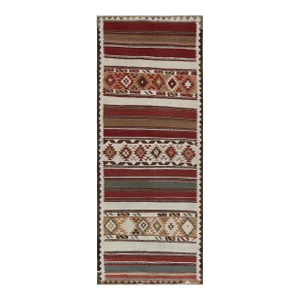 1950s Vintage Shahsavan Persian Kilim in Red, White and Beige-Brown Geometric Patterns