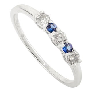 Minimalist Blue Sapphire and Diamond Gold Stacking Ring Size 6.5 For Sale