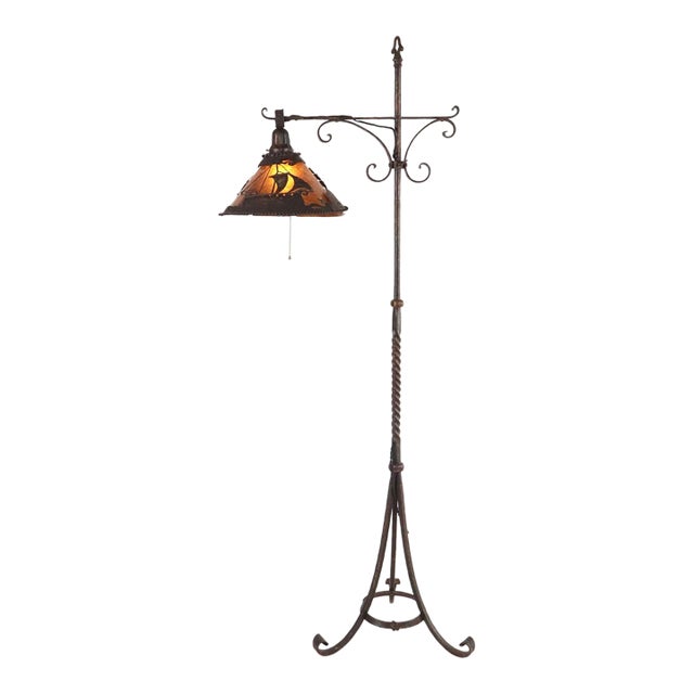 Mid 20th Century Arts & Crafts Iron & Mica Floor Lamp For Sale