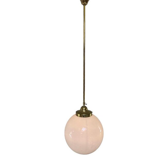 Very Large Art Deco Height Adjustable Pendant Lamp with Opaline Glass and Brass Framework For Sale - Image 10 of 10