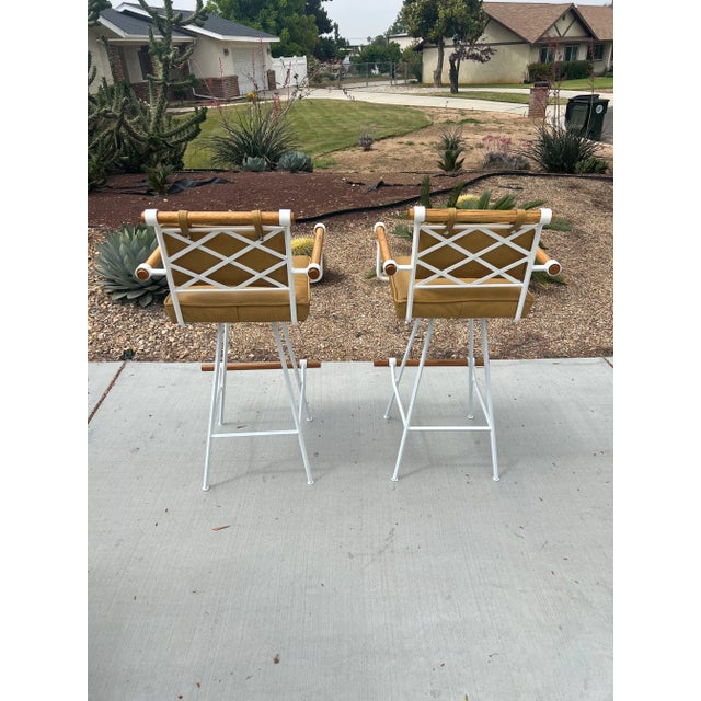 White 1960s Vintage Mid Century Modern Inca Attributed to Cleo Baldon Swivel Wrought Iron Oak Barstools - Set of 2 For Sale - Image 8 of 13