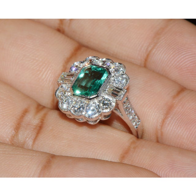 Gia Certified 2.53ct Natural Zambian Emerald & Diamond Halo Milgrain 18k White Gold Ring, Size 5 For Sale - Image 9 of 16