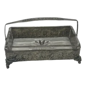 Early 20th Century Sheffield Silver Plate Handle Basket Serving Dish With Crystal Glass Insert Repoussé Dancing Figures Design