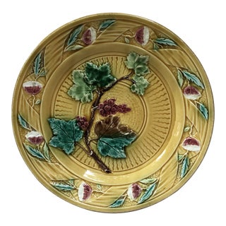 Circa 1880 French Yellow Majolica Grape & Flowers Plate Luneville For Sale