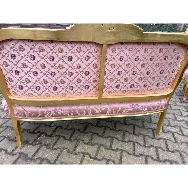 1960s French Artisan Louis XVI Pink Gilt Beech Sofa Set—3 Pc For Sale - Image 11 of 16