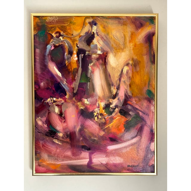 An original still life by San Jose artist Mark Vincent Gray. Broad, energetic brushstrokes bring together deep plum, rose,...