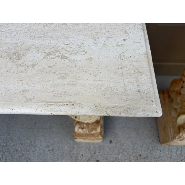 Late 20th Century Pair of Neoclassical Travertine Top Consoles With Winged Figural Bases For Sale - Image 15 of 15
